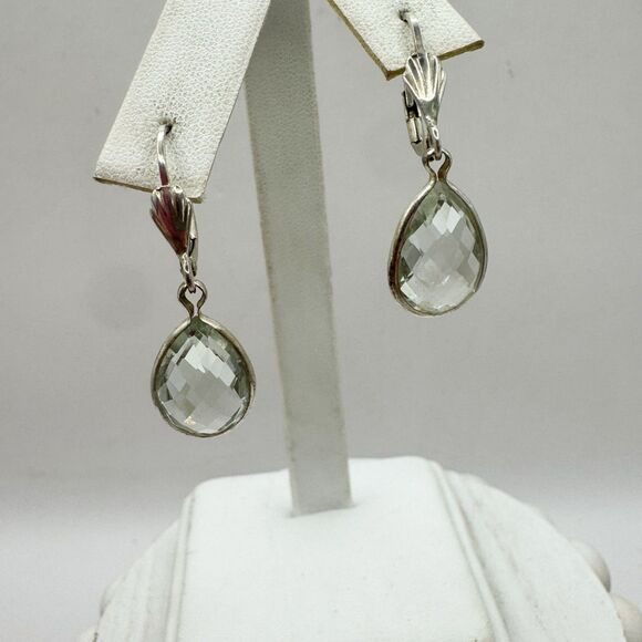 Sterling Silver Drop Earrings Faceted Green Amethyst Teardrop Dangle 925 - Picture 3 of 6